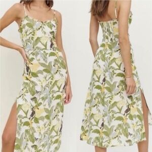 Reformation Tropical Bird Print Midi Wrap Dress Green Yellow White Size 4